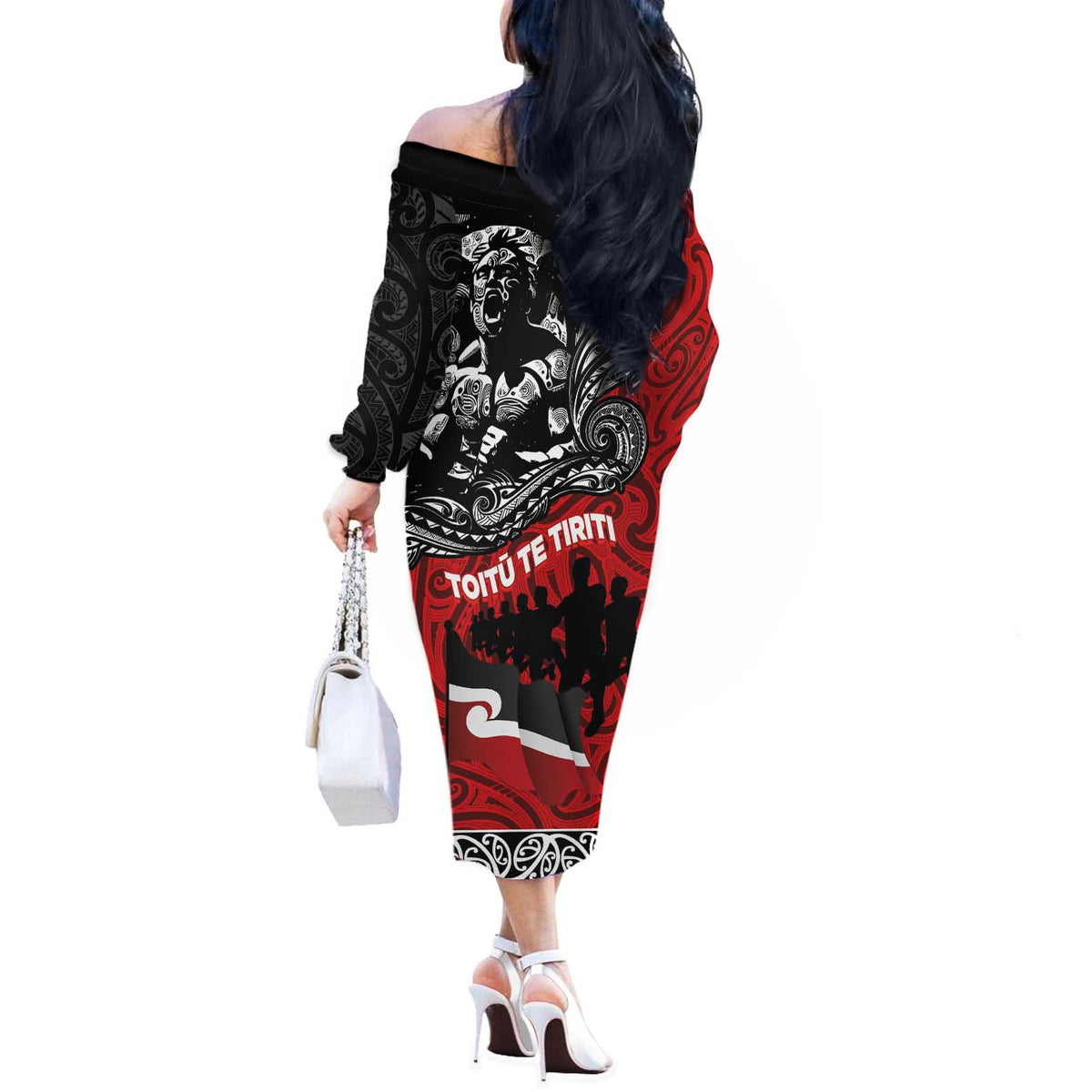 Aotearoa Toitu Te Tiriti Off The Shoulder Long Sleeve Dress Honoring Te Tiriti o Waitangi Maori Haka LT03 - Polynesian Pride