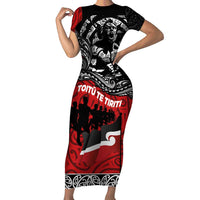 Aotearoa Toitu Te Tiriti Short Sleeve Bodycon Dress Honoring Te Tiriti o Waitangi Maori Haka LT03 Long Dress Red - Polynesian Pride