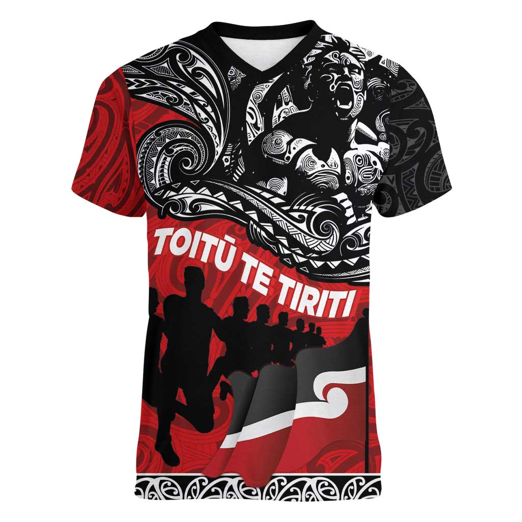 Aotearoa Toitu Te Tiriti Women V-Neck T-Shirt Honoring Te Tiriti o Waitangi Maori Haka LT03 Female Red - Polynesian Pride