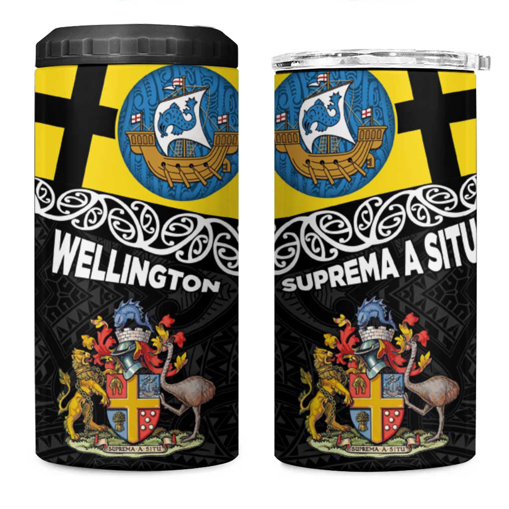 New Zealand Wellington 4 in 1 Can Cooler Tumbler The Capital's Emblems - Flag and Koru Art LT03 One Size: 16 oz Black - Polynesian Pride