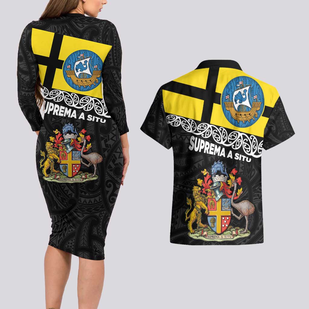 New Zealand Wellington Couples Matching Long Sleeve Bodycon Dress and Hawaiian Shirt The Capital's Emblems Flag and Koru Art LT03 - Polynesian Pride