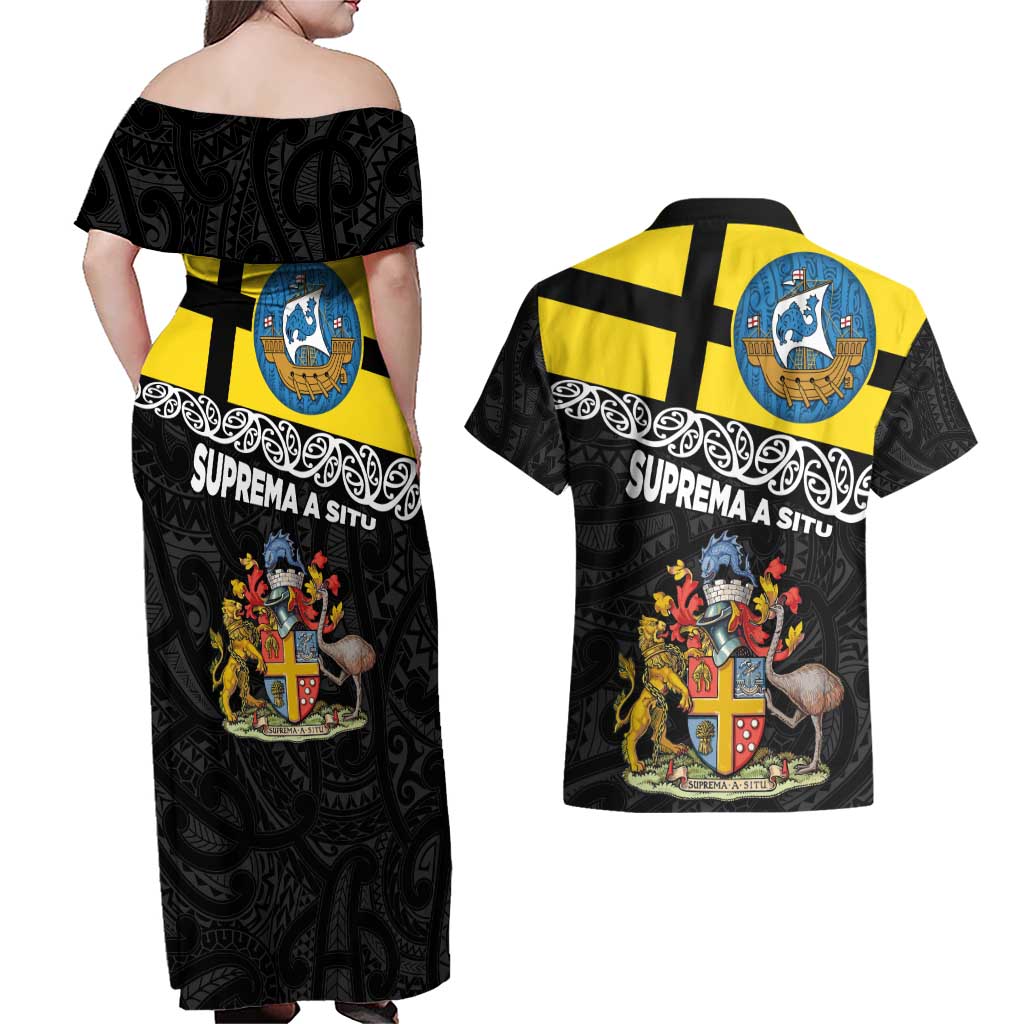 New Zealand Wellington Couples Matching Off Shoulder Maxi Dress and Hawaiian Shirt The Capital's Emblems Flag and Koru Art LT03 - Polynesian Pride