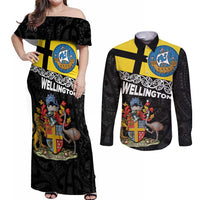 New Zealand Wellington Couples Matching Off Shoulder Maxi Dress and Long Sleeve Button Shirt The Capital's Emblems Flag and Koru Art LT03 Black - Polynesian Pride