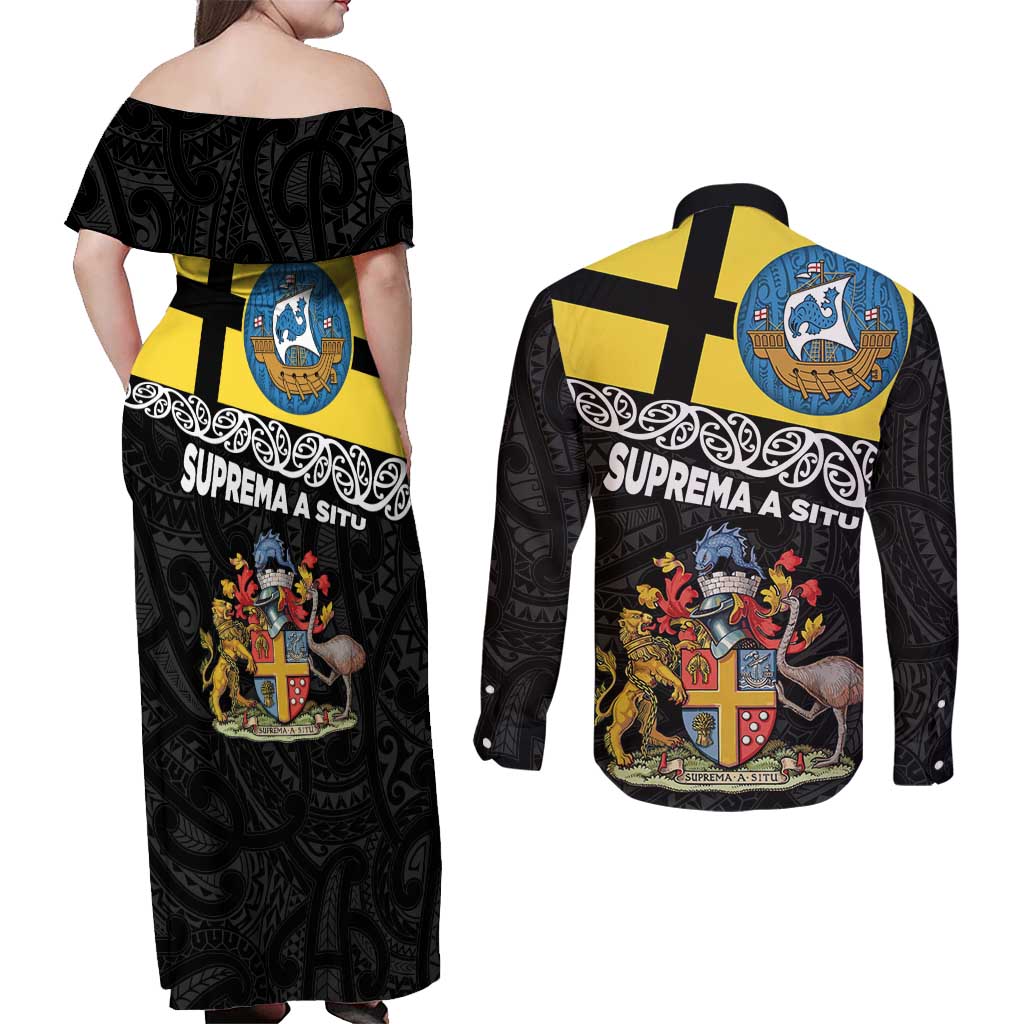 New Zealand Wellington Couples Matching Off Shoulder Maxi Dress and Long Sleeve Button Shirt The Capital's Emblems Flag and Koru Art LT03 - Polynesian Pride
