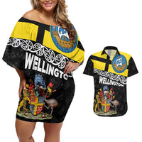 New Zealand Wellington Couples Matching Off Shoulder Short Dress and Hawaiian Shirt The Capital's Emblems Flag and Koru Art LT03 Black - Polynesian Pride