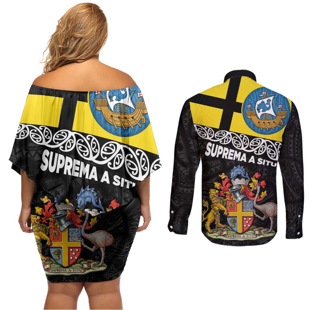 New Zealand Wellington Couples Matching Off Shoulder Short Dress and Long Sleeve Button Shirt The Capital's Emblems Flag and Koru Art LT03 - Polynesian Pride