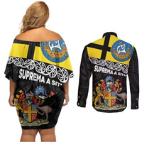 New Zealand Wellington Couples Matching Off Shoulder Short Dress and Long Sleeve Button Shirt The Capital's Emblems Flag and Koru Art LT03 - Polynesian Pride