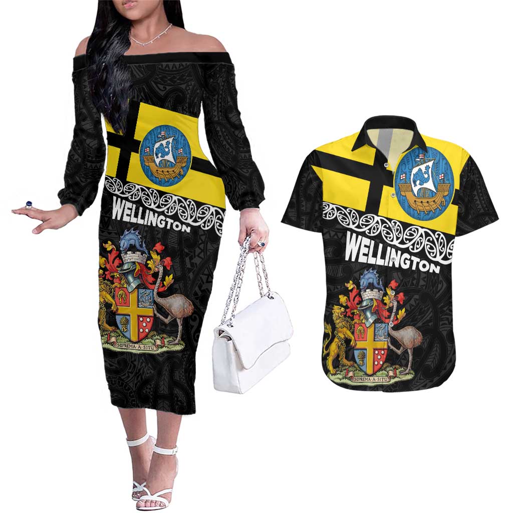 New Zealand Wellington Couples Matching Off The Shoulder Long Sleeve Dress and Hawaiian Shirt The Capital's Emblems Flag and Koru Art LT03 Black - Polynesian Pride