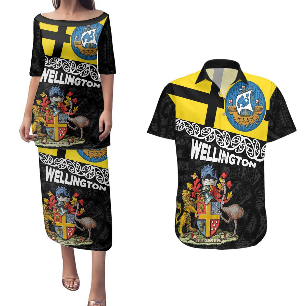 New Zealand Wellington Couples Matching Puletasi and Hawaiian Shirt The Capital's Emblems Flag and Koru Art LT03 Black - Polynesian Pride