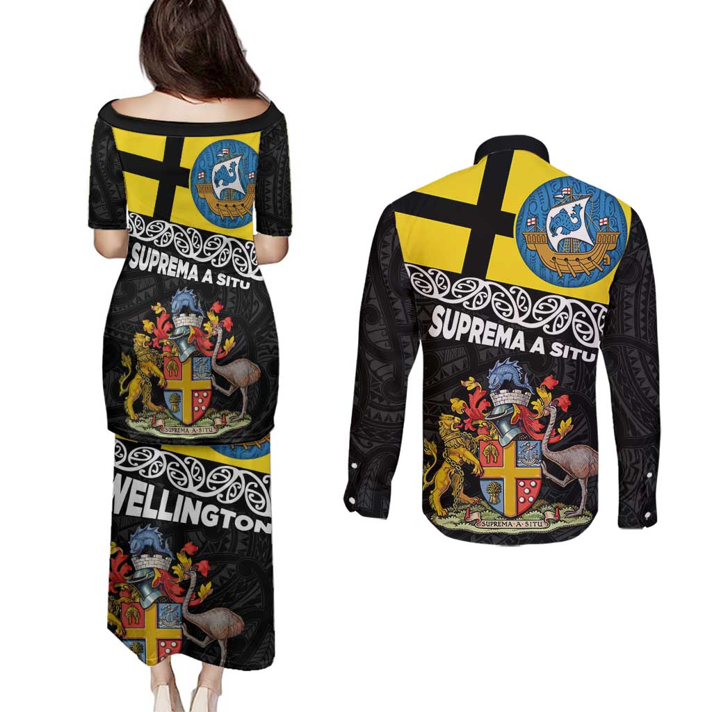 New Zealand Wellington Couples Matching Puletasi and Long Sleeve Button Shirt The Capital's Emblems Flag and Koru Art LT03 - Polynesian Pride