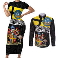 New Zealand Wellington Couples Matching Short Sleeve Bodycon Dress and Long Sleeve Button Shirt The Capital's Emblems Flag and Koru Art LT03 Black - Polynesian Pride