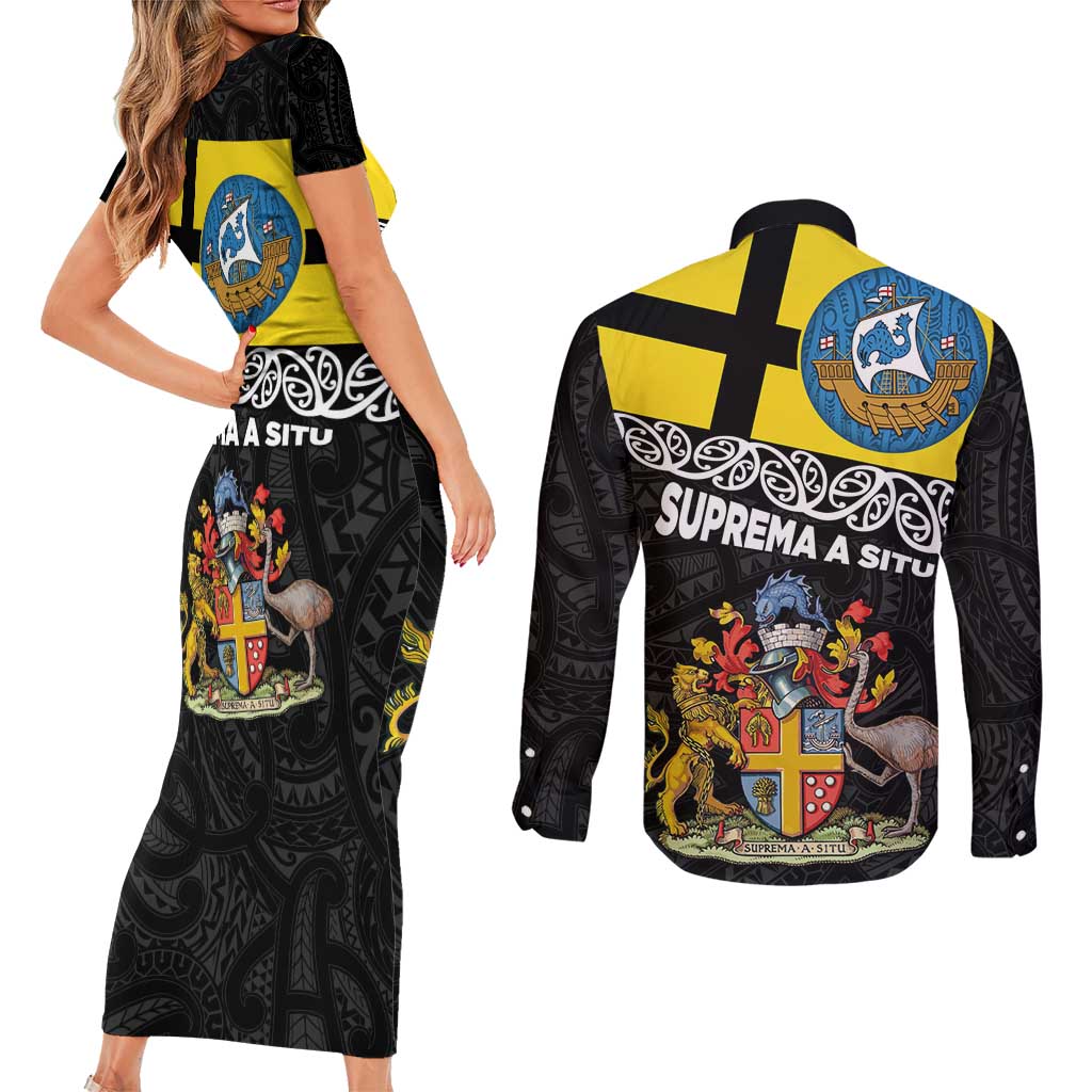 New Zealand Wellington Couples Matching Short Sleeve Bodycon Dress and Long Sleeve Button Shirt The Capital's Emblems Flag and Koru Art LT03 - Polynesian Pride