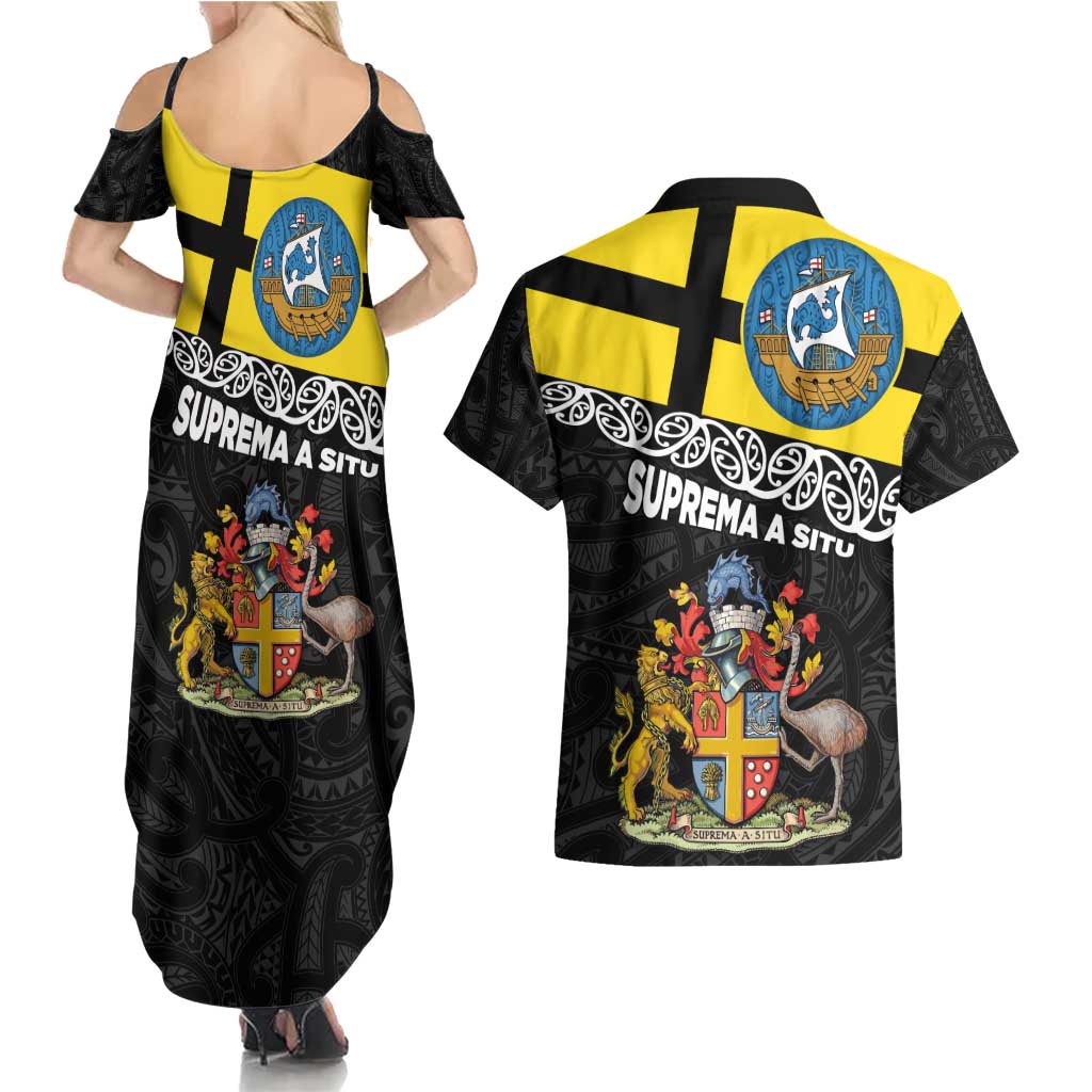 New Zealand Wellington Couples Matching Summer Maxi Dress and Hawaiian Shirt The Capital's Emblems Flag and Koru Art LT03 - Polynesian Pride