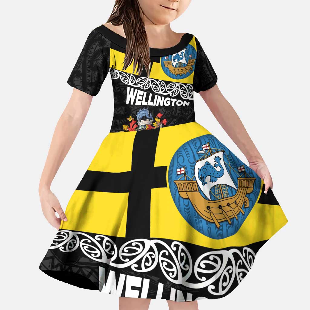 New Zealand Wellington Family Matching Long Sleeve Bodycon Dress and Hawaiian Shirt The Capital's Emblems Flag and Koru Art LT03 Daughter's Dress Black - Polynesian Pride