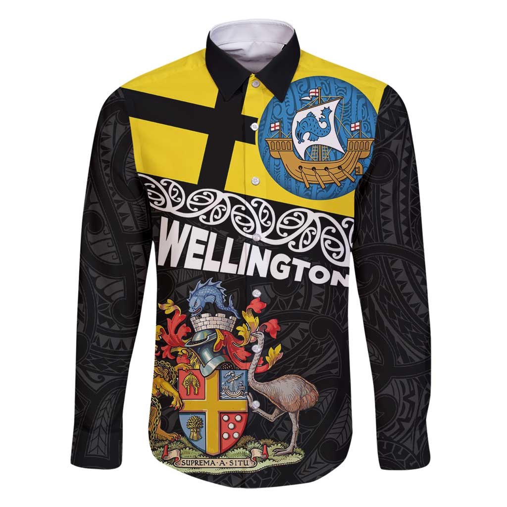 New Zealand Wellington Family Matching Long Sleeve Bodycon Dress and Hawaiian Shirt The Capital's Emblems Flag and Koru Art LT03 Dad's Shirt - Long Sleeve Black - Polynesian Pride