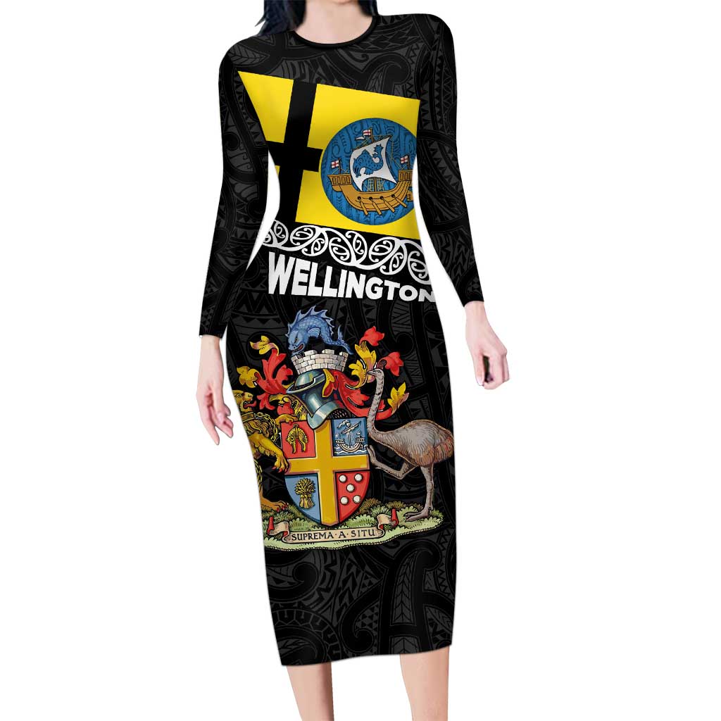 New Zealand Wellington Family Matching Long Sleeve Bodycon Dress and Hawaiian Shirt The Capital's Emblems Flag and Koru Art LT03 Mom's Dress Black - Polynesian Pride