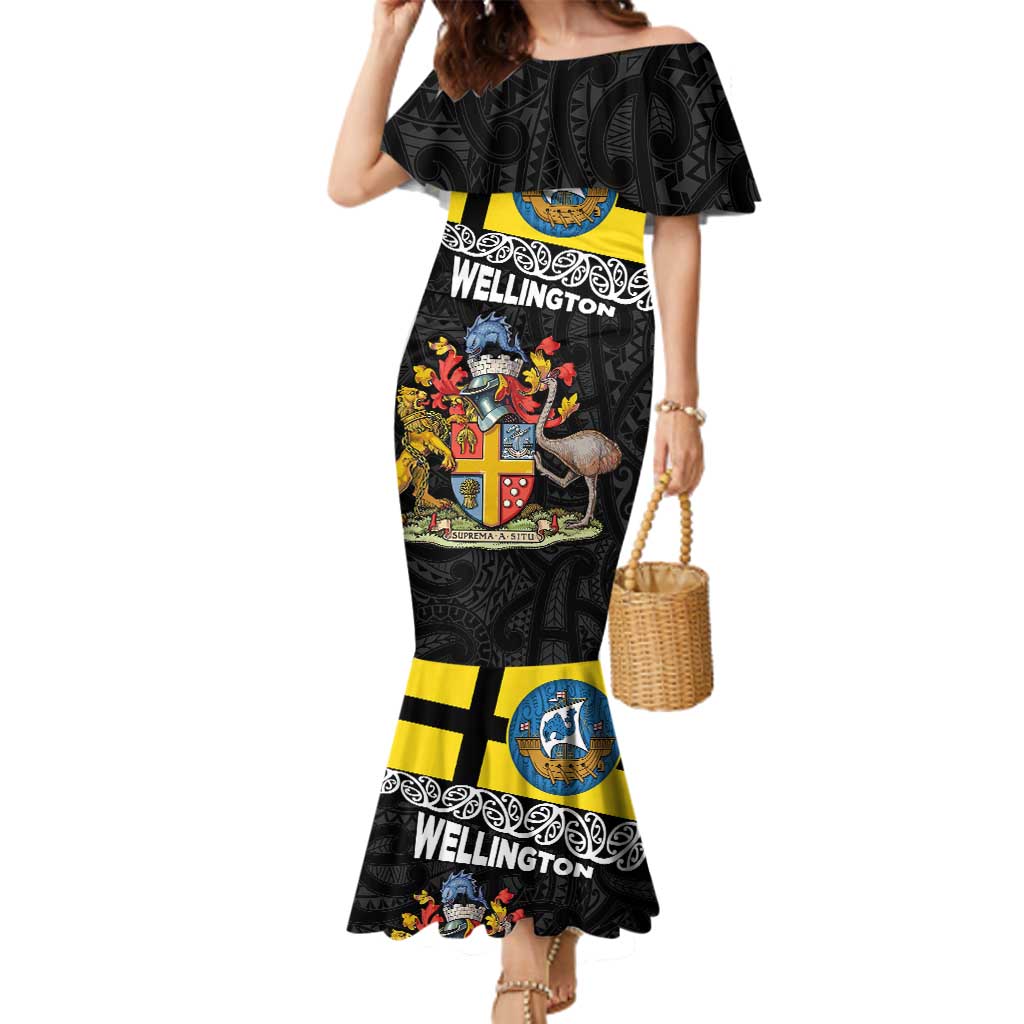 New Zealand Wellington Family Matching Mermaid Dress and Hawaiian Shirt The Capital's Emblems Flag and Koru Art LT03 Mom's Dress Black - Polynesian Pride