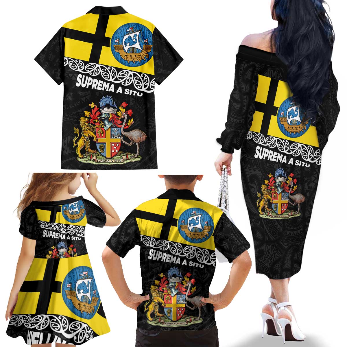 New Zealand Wellington Family Matching Off The Shoulder Long Sleeve Dress and Hawaiian Shirt The Capital's Emblems Flag and Koru Art LT03 - Polynesian Pride