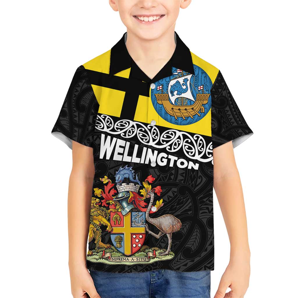 New Zealand Wellington Family Matching Off Shoulder Short Dress and Hawaiian Shirt The Capital's Emblems Flag and Koru Art LT03 Son's Shirt Black - Polynesian Pride