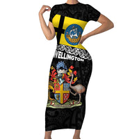 New Zealand Wellington Family Matching Short Sleeve Bodycon Dress and Hawaiian Shirt The Capital's Emblems Flag and Koru Art LT03 Mom's Dress Black - Polynesian Pride