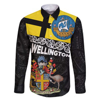 New Zealand Wellington Family Matching Summer Maxi Dress and Hawaiian Shirt The Capital's Emblems Flag and Koru Art LT03 Dad's Shirt - Long Sleeve Black - Polynesian Pride