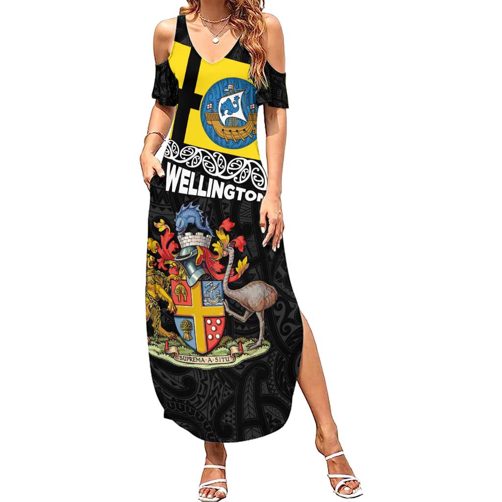 New Zealand Wellington Family Matching Summer Maxi Dress and Hawaiian Shirt The Capital's Emblems Flag and Koru Art LT03 Mom's Dress Black - Polynesian Pride