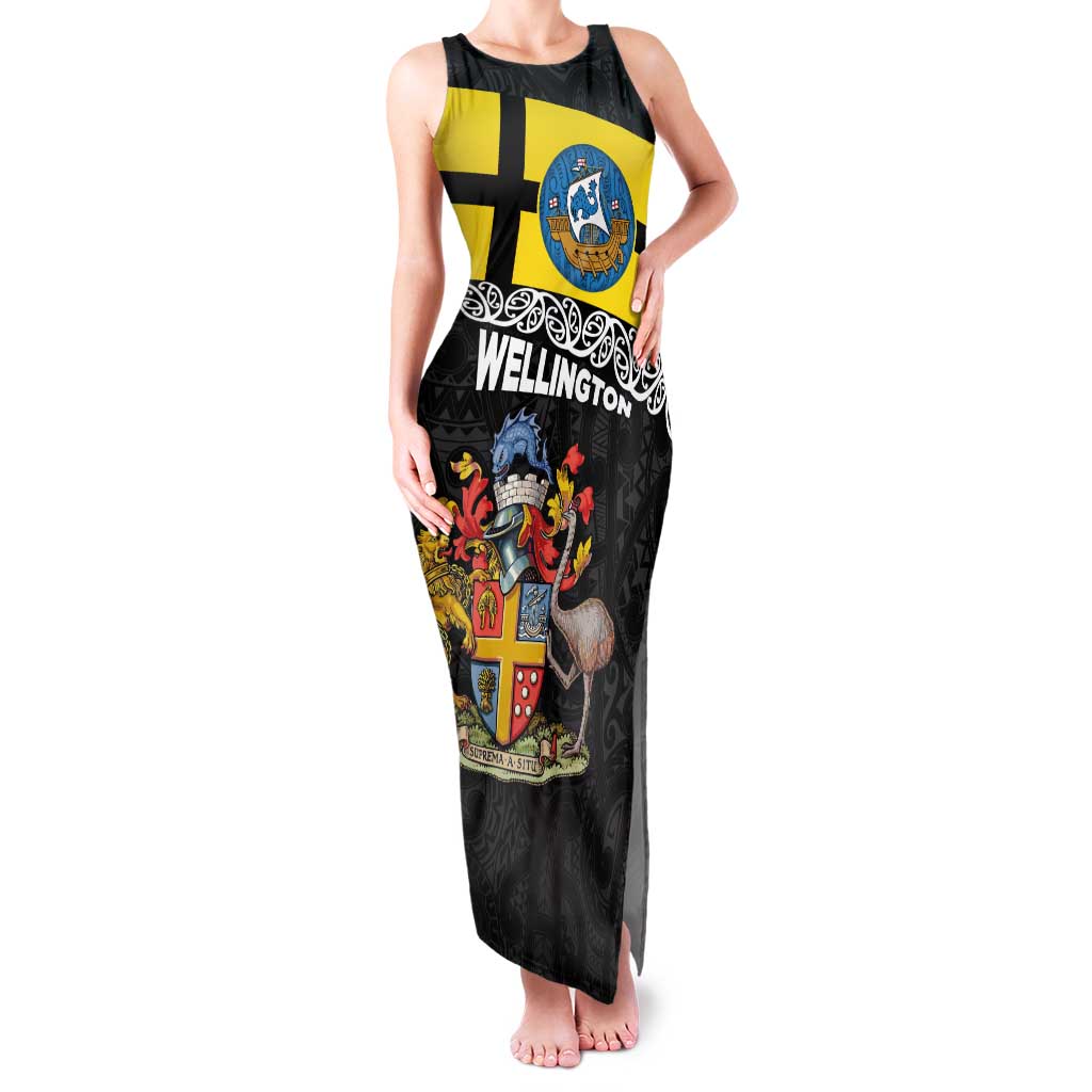 New Zealand Wellington Family Matching Tank Maxi Dress and Hawaiian Shirt The Capital's Emblems Flag and Koru Art LT03 Mom's Dress Black - Polynesian Pride