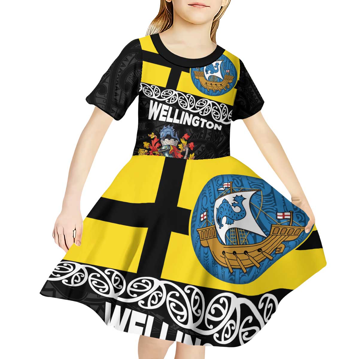 New Zealand Wellington Kid Short Sleeve Dress The Capital's Emblems Flag and Koru Art LT03 - Polynesian Pride