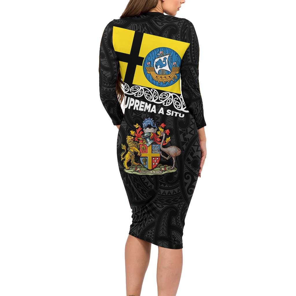 New Zealand Wellington Long Sleeve Bodycon Dress The Capital's Emblems Flag and Koru Art LT03 - Polynesian Pride