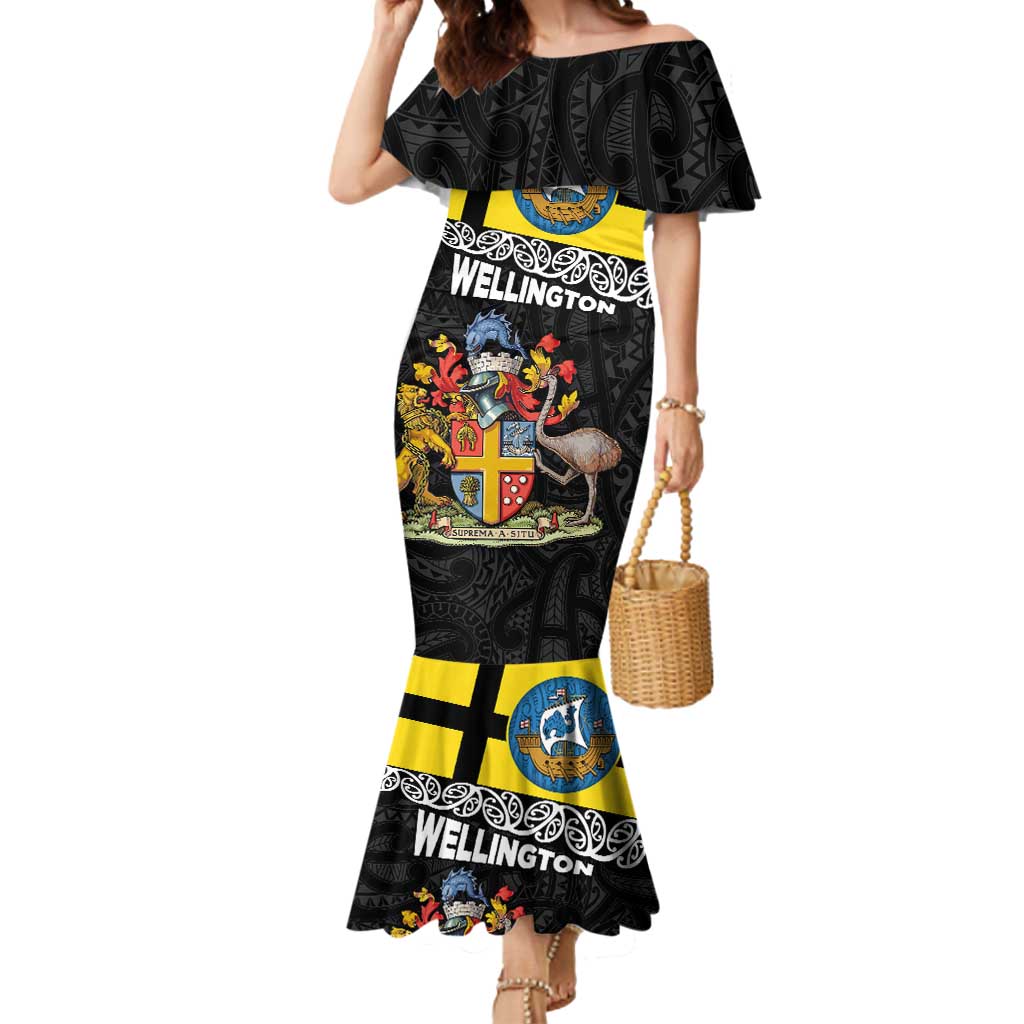 New Zealand Wellington Mermaid Dress The Capital's Emblems Flag and Koru Art LT03 Women Black - Polynesian Pride