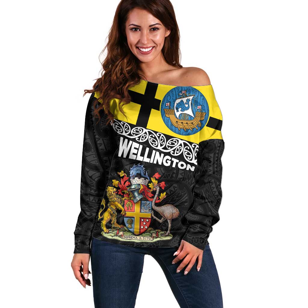 New Zealand Wellington Off Shoulder Sweater The Capital's Emblems Flag and Koru Art LT03 Women Black - Polynesian Pride