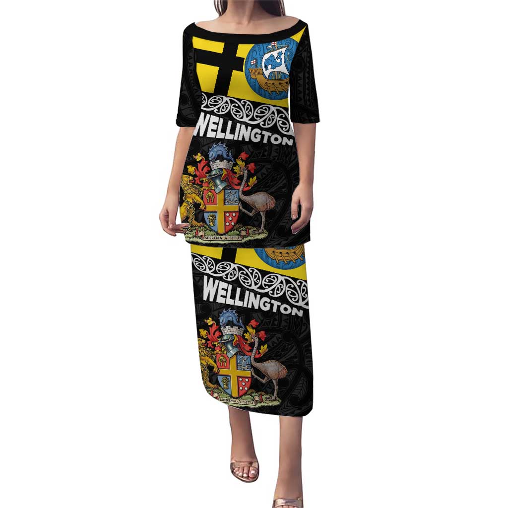 New Zealand Wellington Puletasi The Capital's Emblems Flag and Koru Art LT03 Long Dress Black - Polynesian Pride