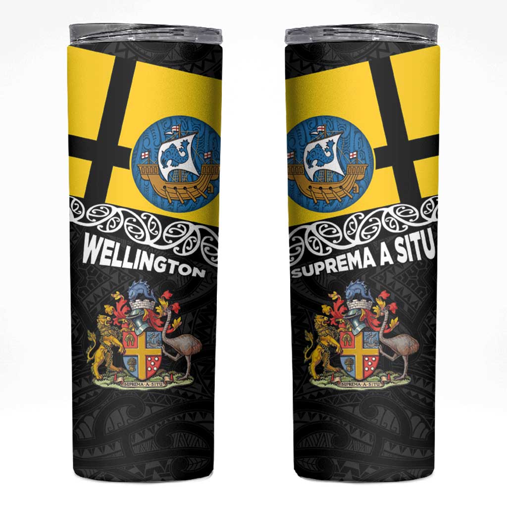 New Zealand Wellington Skinny Tumbler The Capital's Emblems - Flag and Koru Art LT03 Black - Polynesian Pride