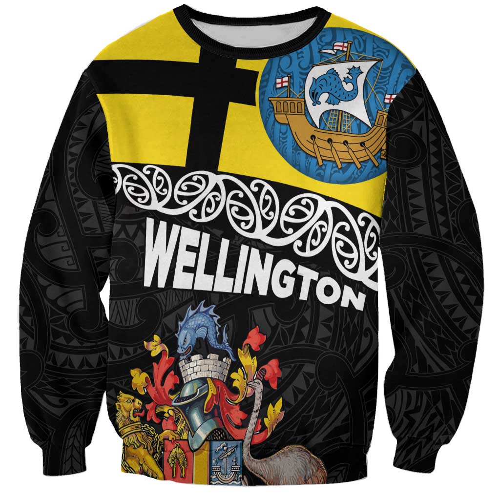 New Zealand Wellington Sweatshirt The Capital's Emblems Flag and Koru Art LT03 Unisex Black - Polynesian Pride