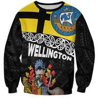 New Zealand Wellington Sweatshirt The Capital's Emblems Flag and Koru Art LT03 Unisex Black - Polynesian Pride