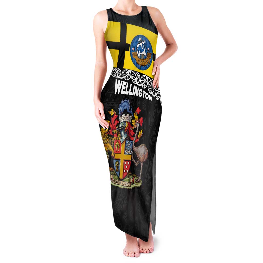 New Zealand Wellington Tank Maxi Dress The Capital's Emblems Flag and Koru Art LT03 Women Black - Polynesian Pride