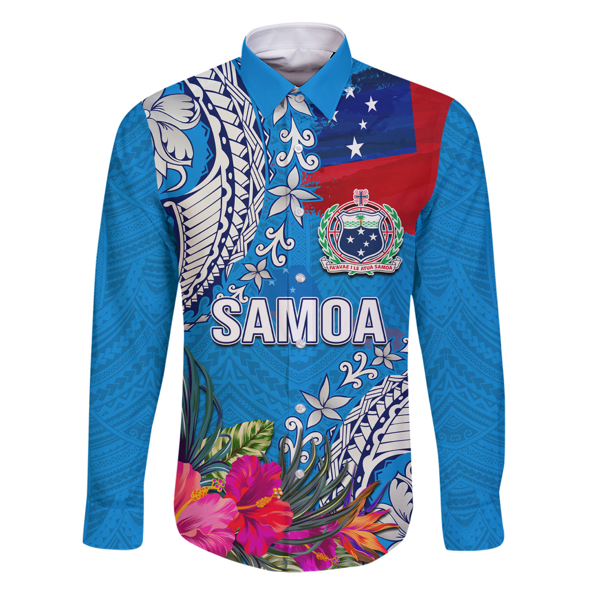 Personalised Samoa Coat Of Arms Family Matching Mermaid Dress and Hawaiian Shirt Tropical Flower Blue Polynesian Pattern LT03 Dad's Shirt - Long Sleeve Blue - Polynesian Pride