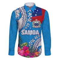 Personalised Samoa Coat Of Arms Family Matching Mermaid Dress and Hawaiian Shirt Tropical Flower Blue Polynesian Pattern LT03 Dad's Shirt - Long Sleeve Blue - Polynesian Pride