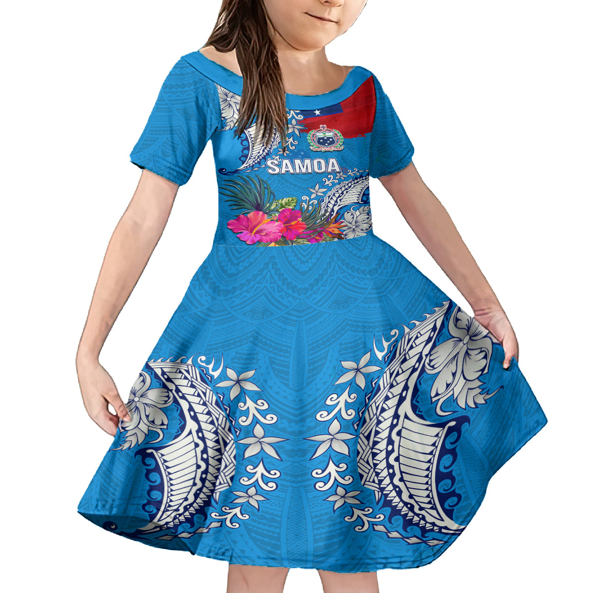 Personalised Samoa Coat Of Arms Family Matching Off Shoulder Long Sleeve Dress and Hawaiian Shirt Tropical Flower Blue Polynesian Pattern LT03 Daughter's Dress Blue - Polynesian Pride