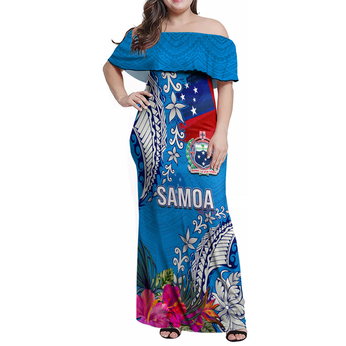 Personalised Samoa Coat Of Arms Family Matching Off Shoulder Maxi Dress and Hawaiian Shirt Tropical Flower Blue Polynesian Pattern LT03 Mom's Dress Blue - Polynesian Pride