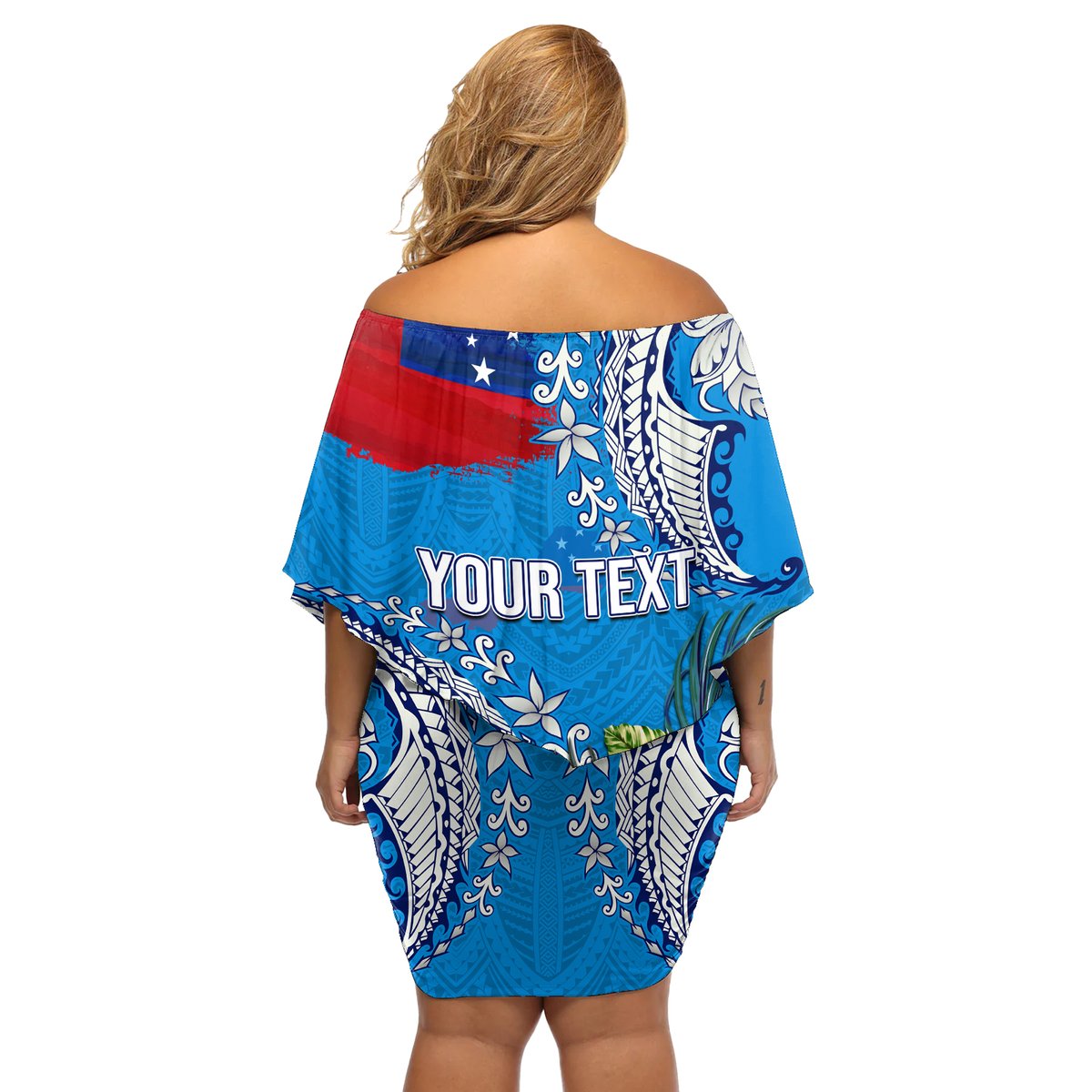 Personalised Samoa Coat Of Arms Off Shoulder Short Dress Tropical Flower Blue Polynesian Pattern LT03 - Polynesian Pride