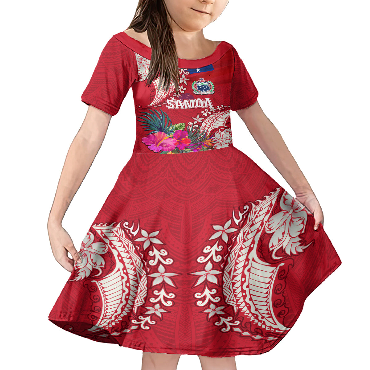 Personalised Samoa Coat Of Arms Family Matching Off Shoulder Long Sleeve Dress and Hawaiian Shirt Tropical Flower Red Polynesian Pattern LT03 Daughter's Dress Red - Polynesian Pride