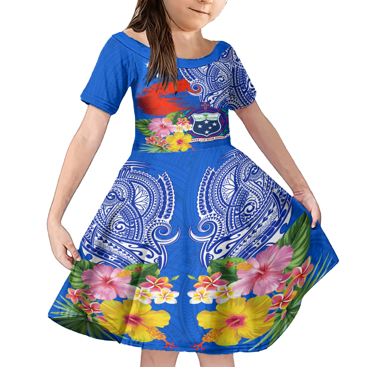 Personalised Samoa Coat Of Arms Family Matching Long Sleeve Bodycon Dress and Hawaiian Shirt Hibiscus Polynesian Tattoo Pattern LT03 Daughter's Dress Blue - Polynesian Pride