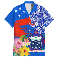 Personalised Samoa Coat Of Arms Family Matching Long Sleeve Bodycon Dress and Hawaiian Shirt Hibiscus Polynesian Tattoo Pattern LT03 Dad's Shirt - Short Sleeve Blue - Polynesian Pride