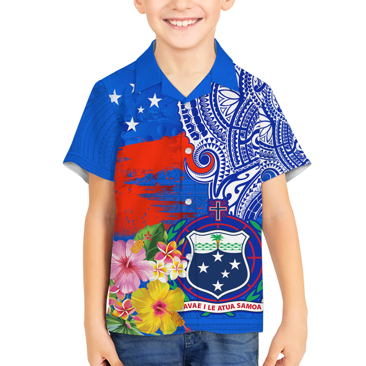 Personalised Samoa Coat Of Arms Family Matching Off Shoulder Long Sleeve Dress and Hawaiian Shirt Hibiscus Polynesian Tattoo Pattern LT03 Son's Shirt Blue - Polynesian Pride
