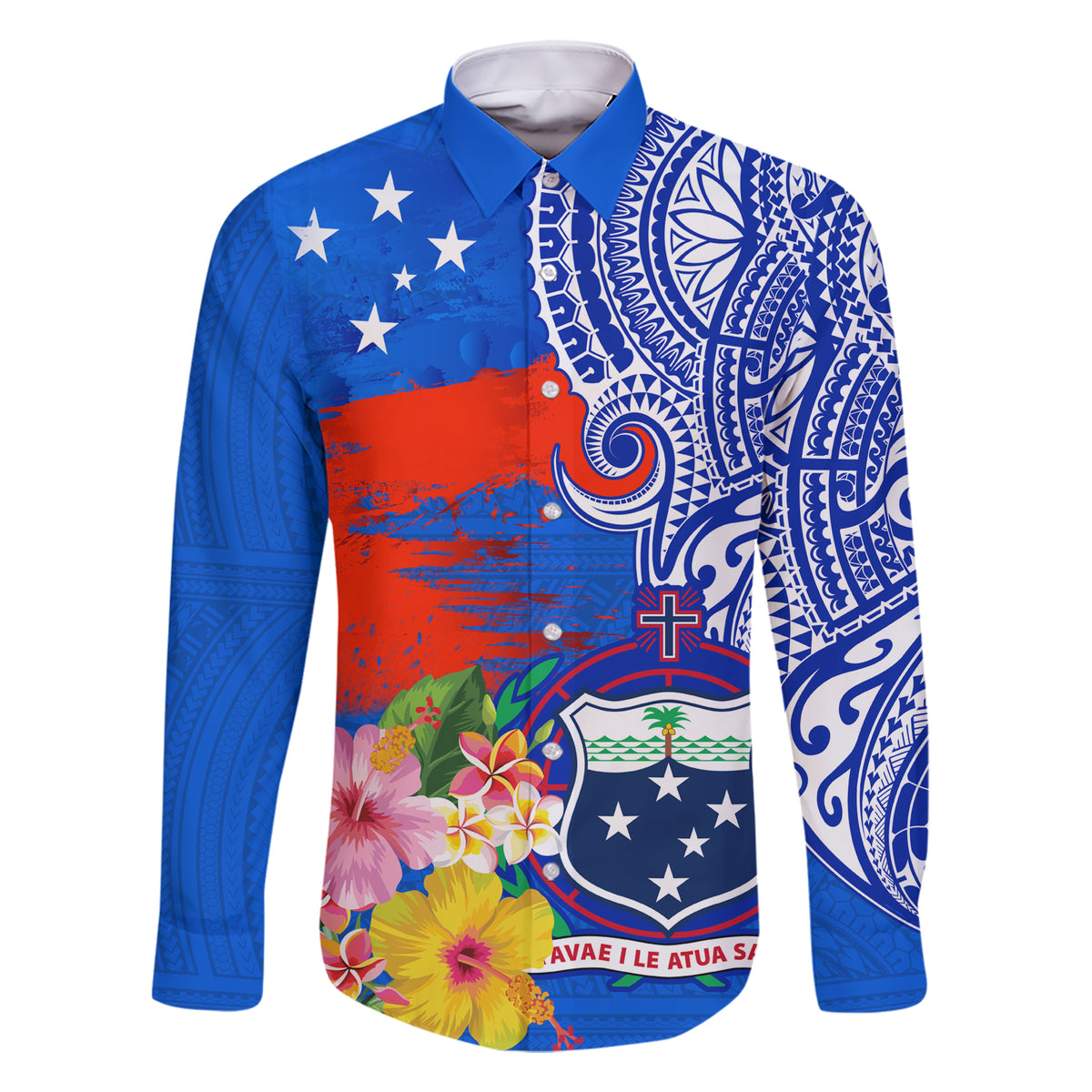 Personalised Samoa Coat Of Arms Family Matching Short Sleeve Bodycon Dress and Hawaiian Shirt Hibiscus Polynesian Tattoo Pattern LT03 Dad's Shirt - Long Sleeve Blue - Polynesian Pride