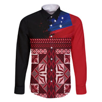 Samoa Flag Day Family Matching Mermaid Dress and Hawaiian Shirt Siapo Pattern and Ula Fala LT03 Dad's Shirt - Long Sleeve Red - Polynesian Pride