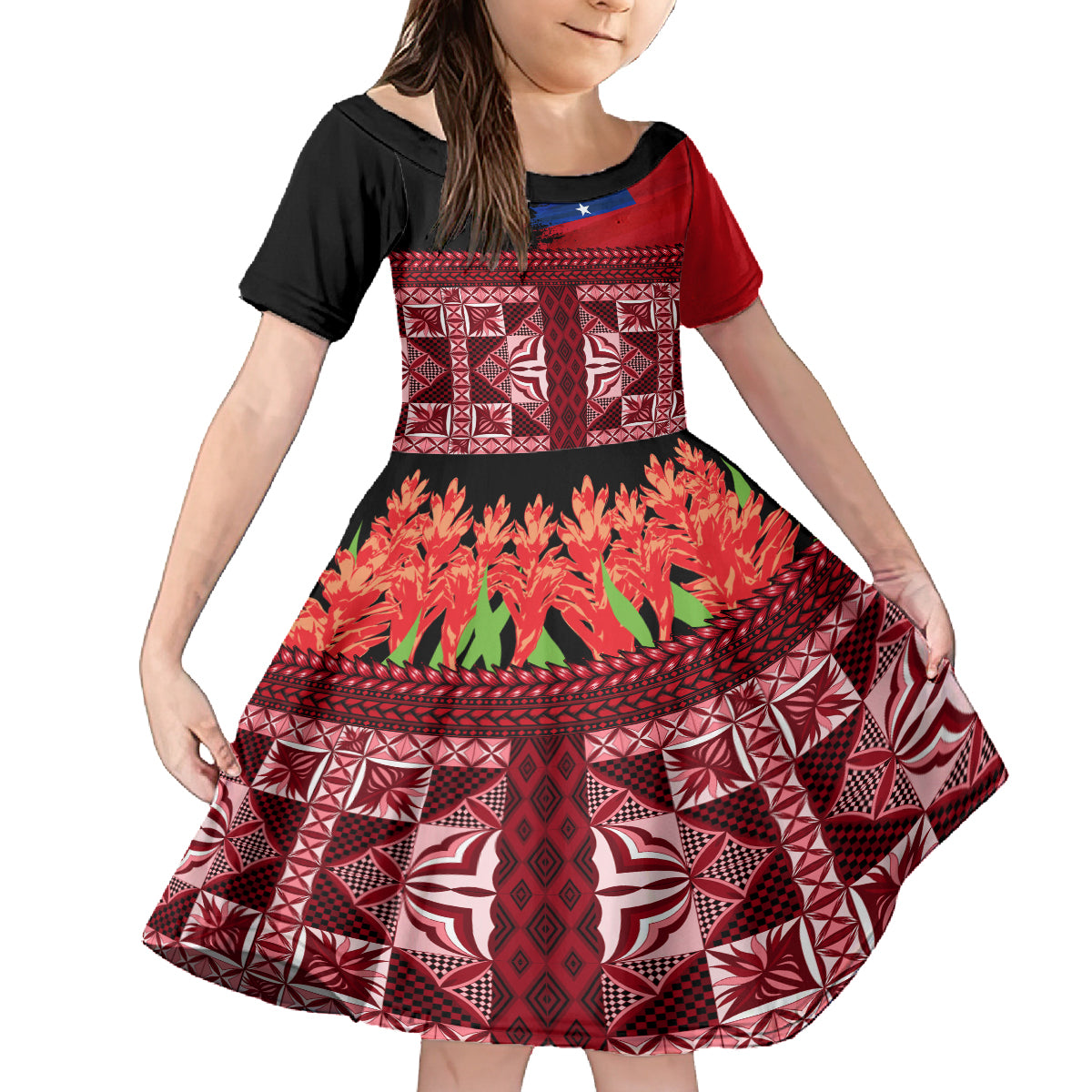 Samoa Flag Day Family Matching Off Shoulder Maxi Dress and Hawaiian Shirt Siapo Pattern and Ula Fala LT03 Daughter's Dress Red - Polynesian Pride