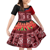 Samoa Flag Day Family Matching Off Shoulder Maxi Dress and Hawaiian Shirt Siapo Pattern and Ula Fala LT03 Daughter's Dress Red - Polynesian Pride