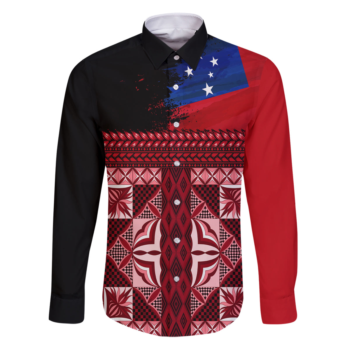 Samoa Flag Day Family Matching Puletasi and Hawaiian Shirt Siapo Pattern and Ula Fala LT03 Dad's Shirt - Long Sleeve Red - Polynesian Pride